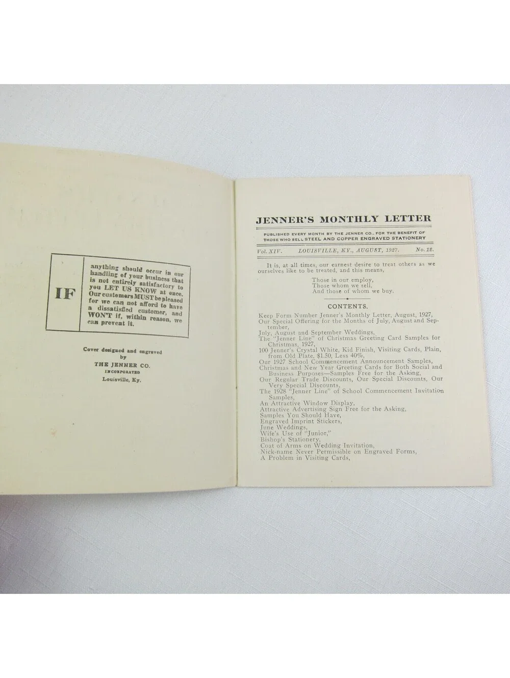 Jenner Co Steel & Copper Engraved Stationery Louisville KY Monthly Letter 1927